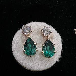 Earrings - gold plated white CZ and emerald teardrop CZ posts. (Not real)